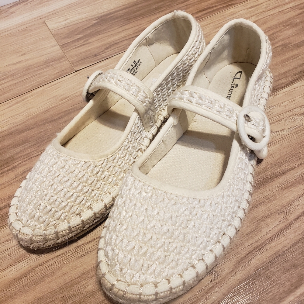 Woven Espadrilles With Buckle Detail Size 9.5 Ivory Minimilist Effortless Preppy